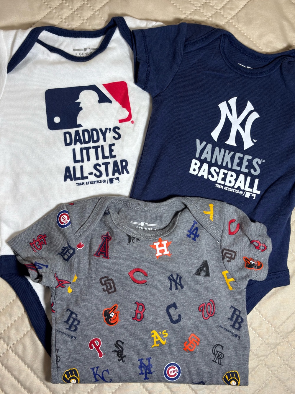 MLB Newborn Baby Bodysuit 3-Pack - Yankees Navy, White All-Star & Gray Logo Prin